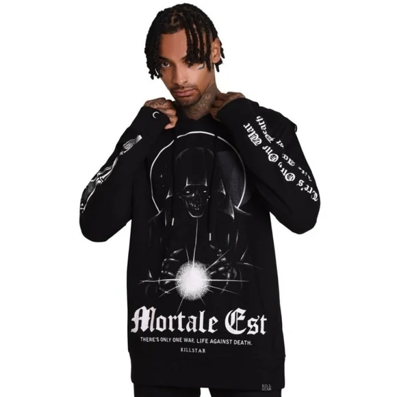 Killstar ✦ Mortale Hoodie ✦ XS Unisex Black Cotton Pullover Graphic Sleeves NWT